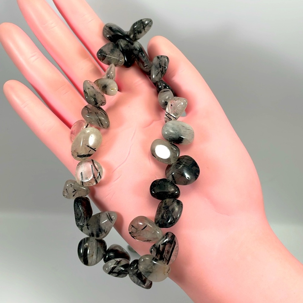 Stunning Unsigned Tourmaline Black White Stone Beaded Statement Necklace